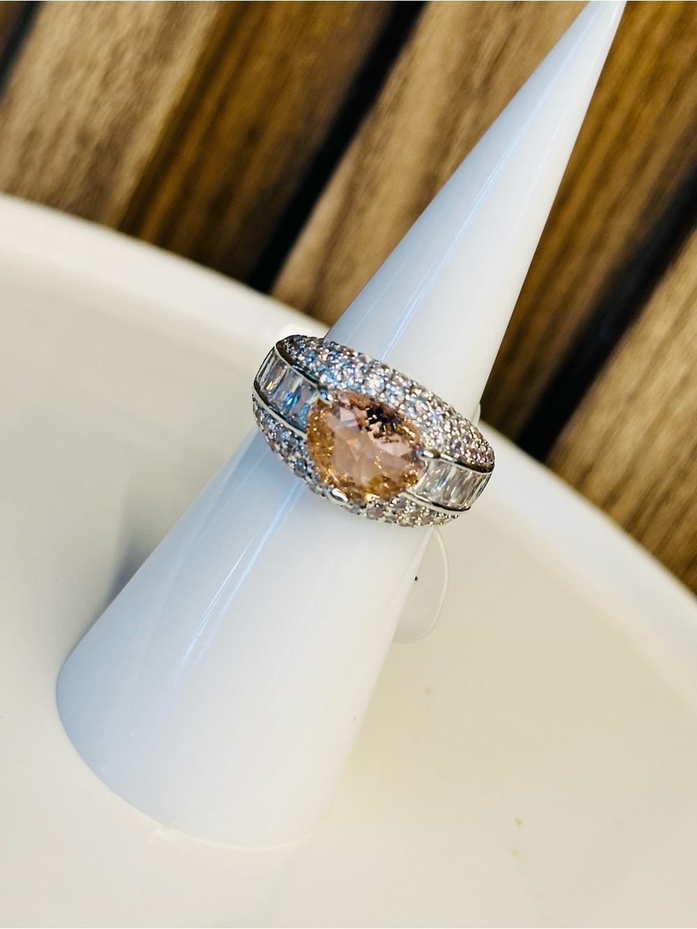 Bomb Party OG Ring size 5, Rhodium and Peach Sapphire
